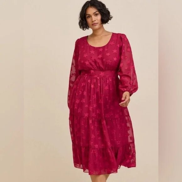 Torrid burgundy midi Clip Dot chiffon tiered long sleeve midi dress sz 2X - Picture 1 of 10